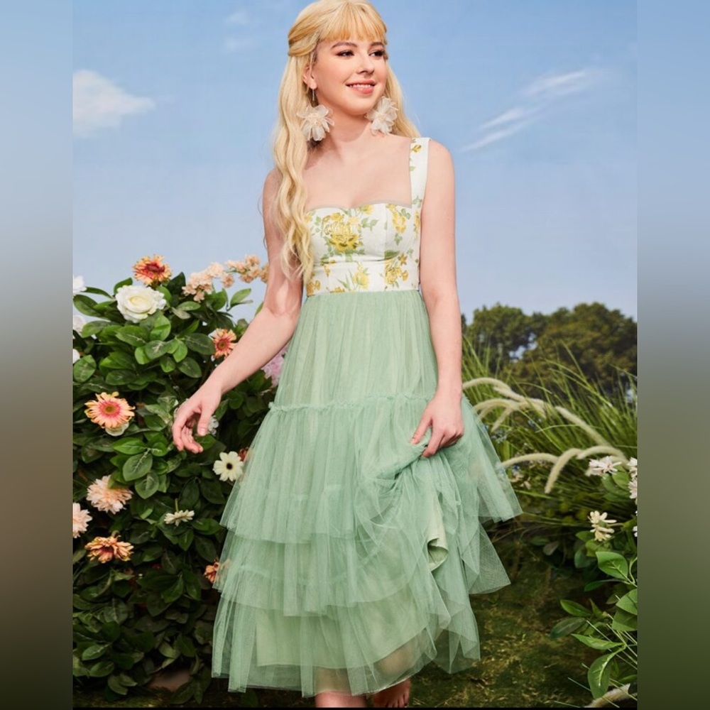 SHEIN Floral Sage Tiered Ruffle Midi Dress